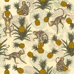 Beautiful yellow seamless pattern with monkeys and pinealpples. Color. Engraving style. Vector illustration.