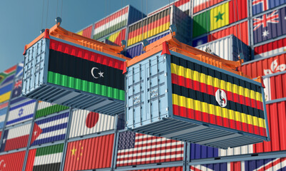 Freight containers with Uganda and Libya flag. 3D Rendering 