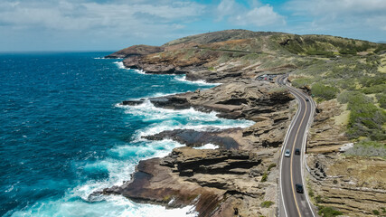 Halona Blowhole Lookout. Lanai Lookout. Aerial photography of coastline. Kalanianaole Hwy,...