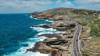 Halona Blowhole Lookout. Lanai Lookout. Aerial photography of coastline. Kalanianaole Hwy,...