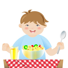 Child eating breakfast. Vector illustration of healthy breakfast for children 