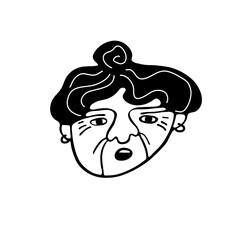 Drawing portrait of elderly woman, grandmother with wrinkles on her face in contemporary doodle style. Character of people vector collection. 