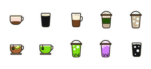 set of coffee icons, tea icons, milk tea icons, smoothie icon