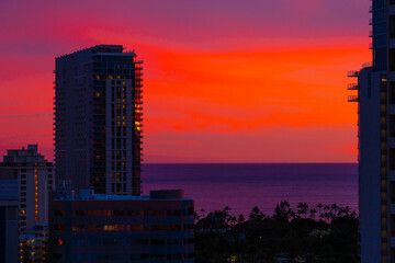 Trump International Hotel Waikiki. Beautiful sky after sunset. Waikiki, Honolulu, Oahu, Hawaii. 