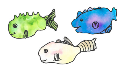 set of watercolor fantasy fishes, sea creatures