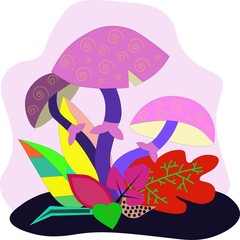 Fantastic purple mushrooms in a composition with colorful plants