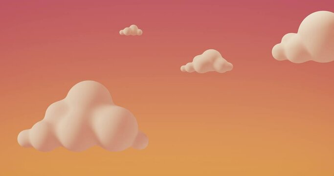 Cartoon cute pink clouds float across the sky at sunset. Abstract 3d loop animation in warm orange-pink colors for kids background.