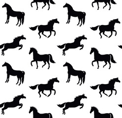 Vector seamless pattern of flat hand drawn horse silhouette isolated on white background