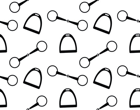 Vector seamless pattern of equestrian horse riding bit and stirrup isolated on white background