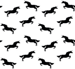Vector seamless pattern of flat jumping unicorn silhouette isolated on white background