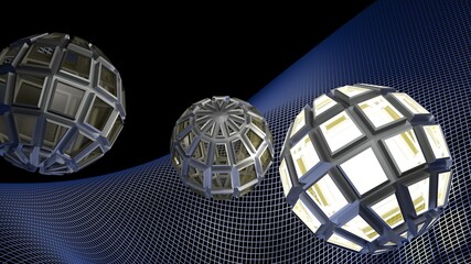 Abstract background with a sphere light over a blue grid surface - 3D rendering illustration