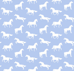 Vector seamless pattern of white flat hand drawn horse silhouette isolated on blue background
