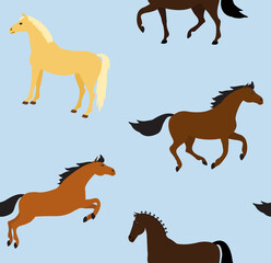 Vector seamless pattern of flat cartoon hand drawn horse isolated on blue background