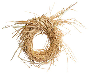 bird's nest isolated on white. Easter mood. Wreath or circle framel from dry grass isolated on...
