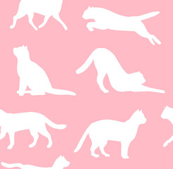 Vector seamless pattern of white hand drawn cat silhouette isolated on pink background