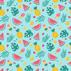 Summer seamless pattern with tropical leaves, watermelons and pineapples.