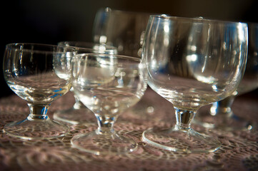 Empty glasses closeup in the table background. High quality photo