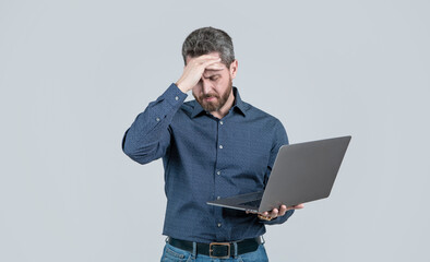 tired programmer man use pc. entrepreneur or manager. agile business.