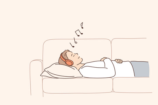 Relaxation And Listening To Music Concept. Young Positive Woman Cartoon Character In Headphones Lying In Bed Listening To Music Feeling Relaxed And Calm Vector Illustration 