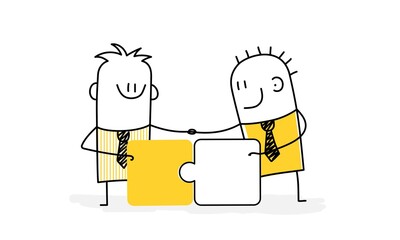 Two stickmen are opening a new startup. Partnership concept.