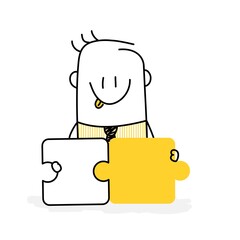 Stick man connecting puzzle elements.