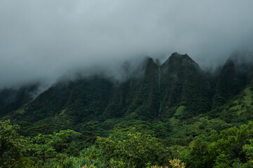 Koolau Range, Hoomaluhia Botanical Garden, Honolulu, Oahu, Hawaii. Koʻolau Range is a name given to the dormant fragmented remnant of the eastern or windward shield volcano of  Oahu