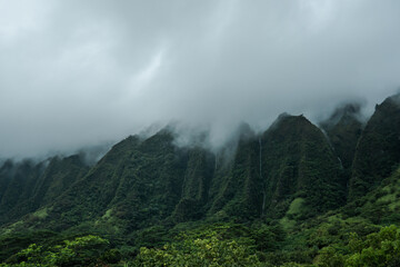 Koolau Range, Hoomaluhia Botanical Garden, Honolulu, Oahu, Hawaii. Koʻolau Range is a name given to the dormant fragmented remnant of the eastern or windward shield volcano of  Oahu