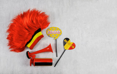 Belgium fans football set.
Belgian flag wig, fan trumpet and paper mask with caption: belgium and...