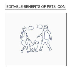 Pets benefits line icon.Helps meet new people, acquaintances. Walking with a dog. Communication. Animal caring concept. Isolated vector illustration.Editable stroke