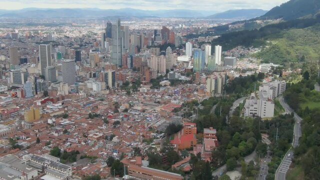 Bogota is the capital of Colombia, a large metropolis located high above sea level. Central area of Bogota, La Candelaria. (aerial view)