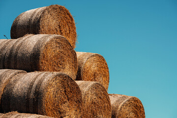 Hay stack piles in rural area forms geometric shapes