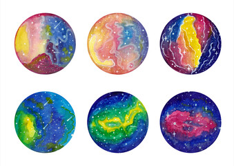 Cosmic, cosmos, space watercolor round backgrounds set.Set of watercolor abstract space in circle shapes isolated on white background.Can be used for postcards, posters, prints.Text frames collection.