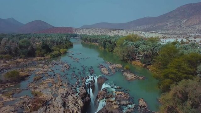 Aerial view of a small part of the Epupa falls on the border of Angola and Namibia.