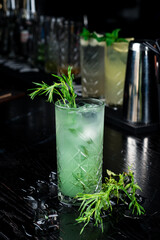 Concept refreshing summer drinks. Fresh cool lemonade tarragon with ice and citrus slices.