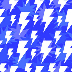 Lightning, thunder, explosion, creativity, power, new. Seamless pattern. Creative print for children, ideal for fabrics or wrapping paper. Blue and white. Repeatable, repeat, surface design.
