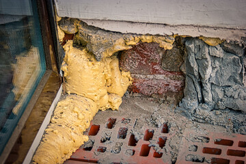 Angle of the brick wall and store window foamed