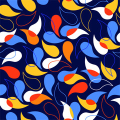 Pattern seamless vector. Beautiful print. Colorful shapes that look like petals. Tropical, floral, summer  theme. Dark background, blue, yellow and white. Surface design. Illustration repeat. 