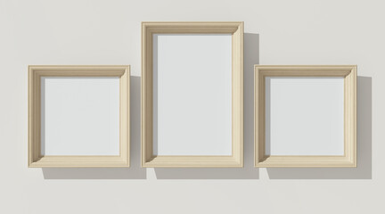 Three wooden frames on white wall. Triptych. 3D render vertical wooden frame mock up. Empty interior. 3D illustrations. 3D design interior. Template for business.
