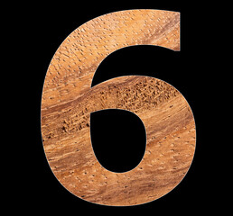Digit 6 - Number in rustic wood on black background