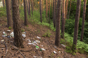 Pile of garbage in nature. Plastic rubbish in beautiful green pine forest