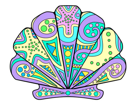 Scallop shell - vector linear full color zentangle illustration - with sea animal mollusk living in the ocean. Template for stained glass, batik or coloring. Scallop shell painted with zentangles