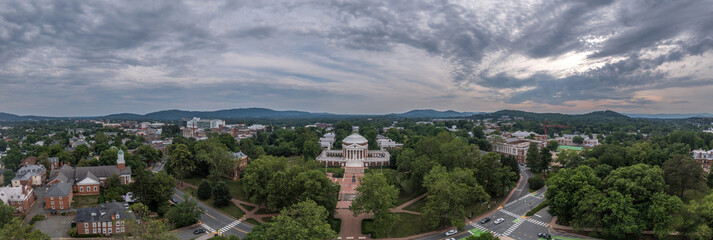 Aerial panorama view of the famous Rotunda building of the University of Virginia in Charlottesville with classic Greek arches design by President Jefferson iconic building of the campus  - obrazy, fototapety, plakaty