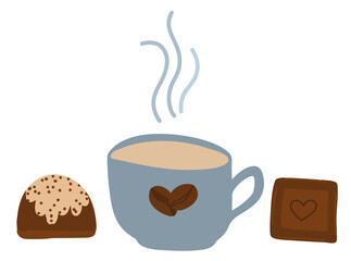 world coffee day, international chocolate day, world chocolate day, cartoon illustration, coffee mug, chocolate candies, chocolate cube, modern illustration, isolated images, vector illustrations