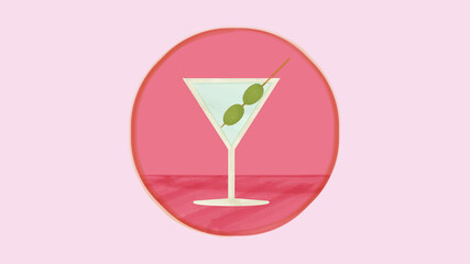 Icon vector watercolor illustration of a martini glass with two green olives on a stick. A glass of martini on a pink background in the middle of a circle.