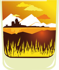 Liquor glass filled with a landscape of whiskey producing region and cereal grain, EPS 8 vector illustration, no transparencies 