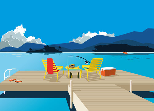 A wooden deck with a set of furniture and fishing tools, beautiful summer lake landscape on the background, EPS 8 vector illustration