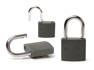 Metallic padlock on white background.
