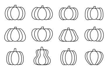 Pumpkin black line flat vector set isolated on white background. Labels and Stickers. Harvesting and Halloween. Design element for mobile app and web sites, room decoration. Scrapbooking, notebook