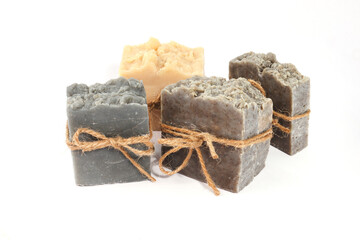 Natural Coconut oil soaps isolated on white background, homemade organic Spa soap, non-toxic concept