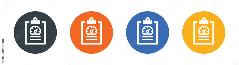 Poster speedometer or gauge on clipboard icon. symbol of performance, report, optimization and productivity